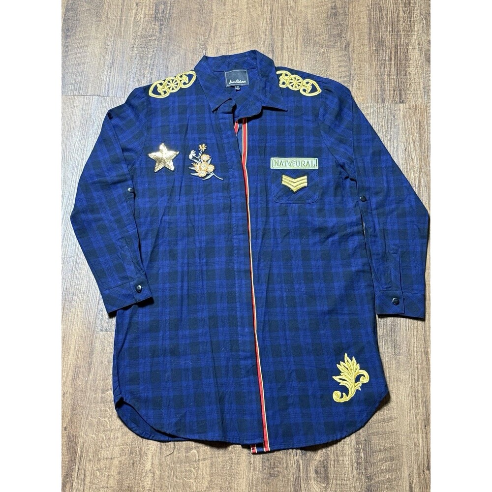 Patch Plaid  Dress Shirt Long Sleeve Sam Edelman Navy Med NWOT Military Utility